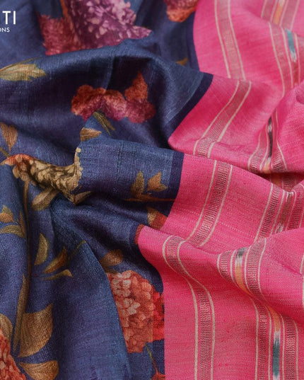 Pure tussar silk saree blue and pink with allover floral prints and temple design vidarbha border - {{ collection.title }} by Prashanti Sarees