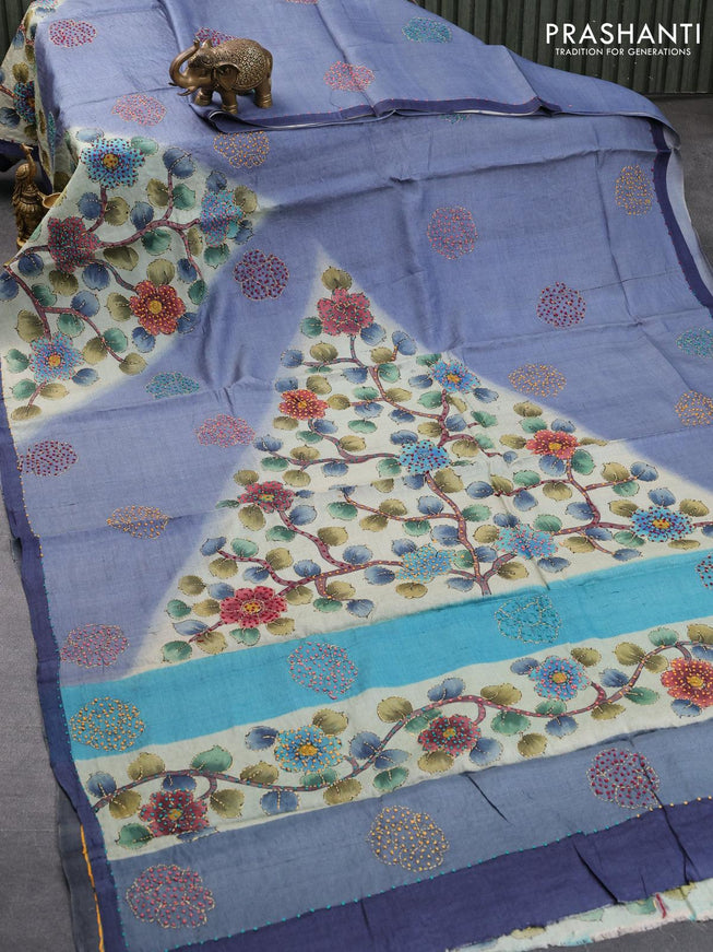 Pure tussar silk saree blue shade and grey with kalamkari prints & french knot work and simple border - {{ collection.title }} by Prashanti Sarees