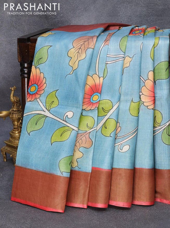 Pure tussar silk saree blue shade and red with hand painted kalamkari prints and zari woven border - {{ collection.title }} by Prashanti Sarees