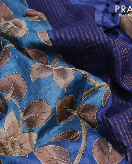 Pure tussar silk saree blue with allover kalamkari prints & embroidery work and zari woven border - {{ collection.title }} by Prashanti Sarees
