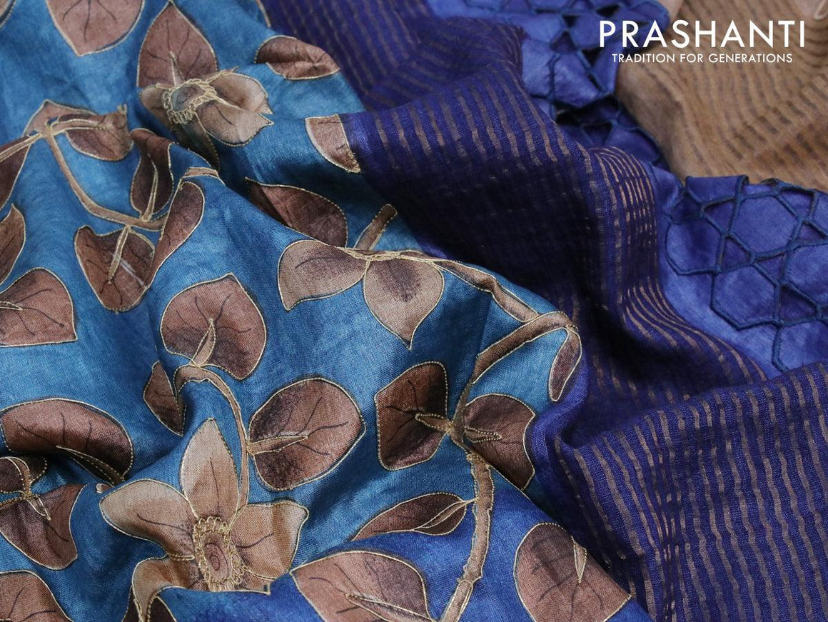 Pure tussar silk saree blue with allover kalamkari prints & embroidery work and zari woven border - {{ collection.title }} by Prashanti Sarees