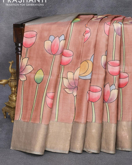 Pure tussar silk saree brown and grey with hand painted pichwai prints and zari woven border - {{ collection.title }} by Prashanti Sarees