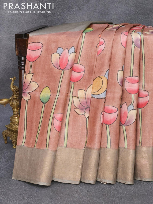 Pure tussar silk saree brown and grey with hand painted pichwai prints and zari woven border - {{ collection.title }} by Prashanti Sarees