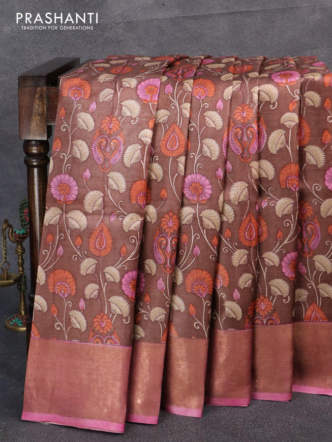 Pure tussar silk saree brown and pink with allover prints and zari woven border - {{ collection.title }} by Prashanti Sarees