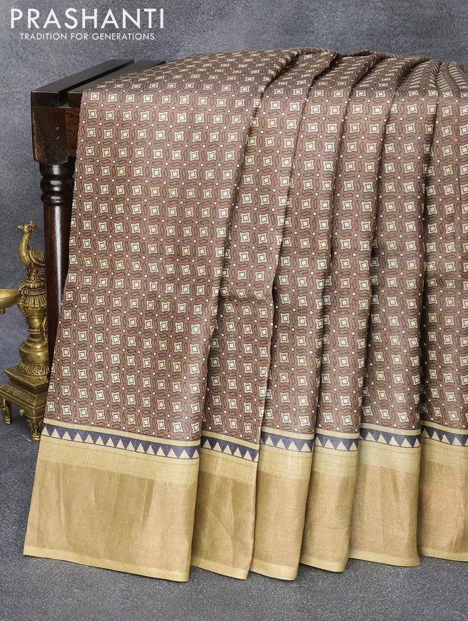 Pure tussar silk saree brown and sandal with allover geometric prints and zari woven border - {{ collection.title }} by Prashanti Sarees