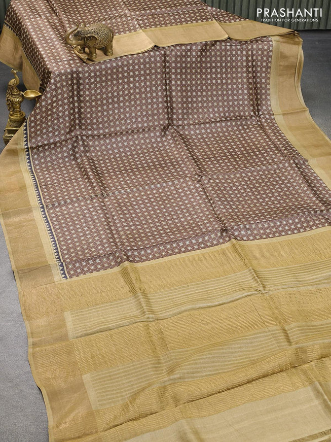 Pure tussar silk saree brown and sandal with allover geometric prints and zari woven border - {{ collection.title }} by Prashanti Sarees