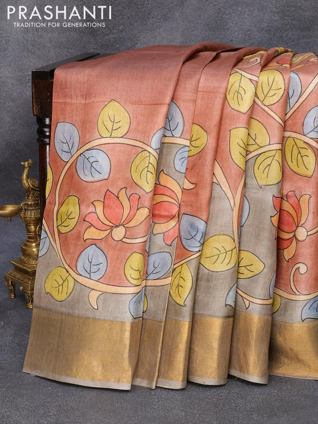 Pure tussar silk saree brown shade and grey shade with hand painted kalamkari prints and zari woven border - {{ collection.title }} by Prashanti Sarees