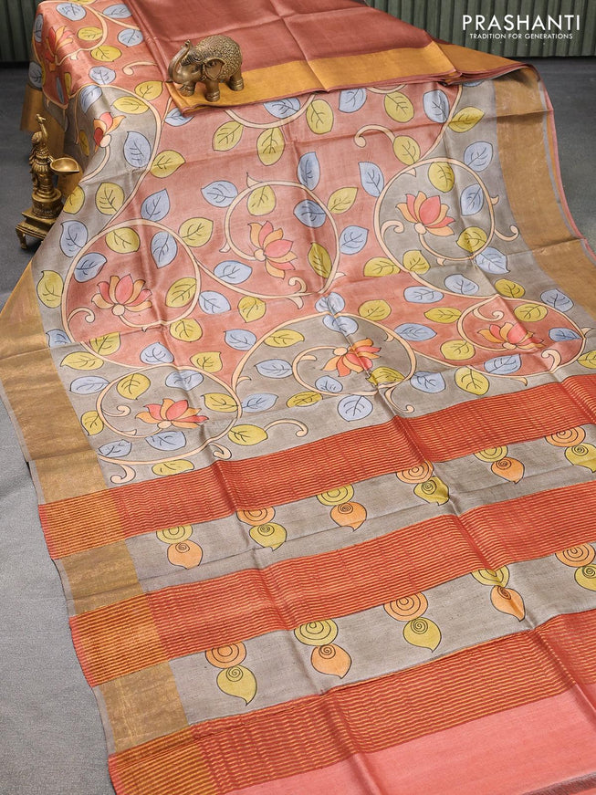 Pure tussar silk saree brown shade and grey shade with hand painted kalamkari prints and zari woven border - {{ collection.title }} by Prashanti Sarees