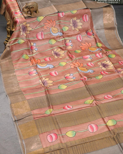 Pure tussar silk saree brown shade and grey shade with hand painted pichwai prints and zari woven border - {{ collection.title }} by Prashanti Sarees