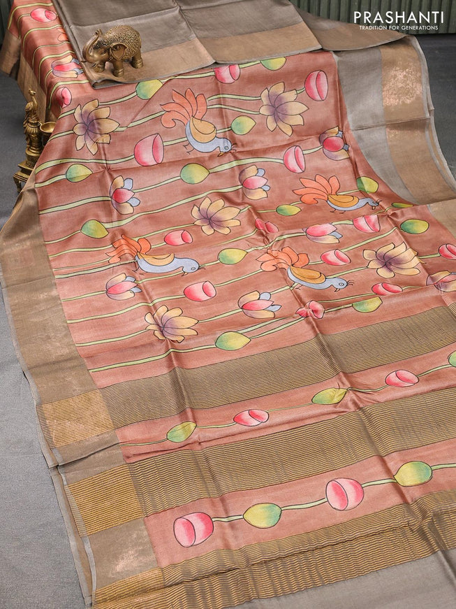 Pure tussar silk saree brown shade and grey shade with hand painted pichwai prints and zari woven border - {{ collection.title }} by Prashanti Sarees