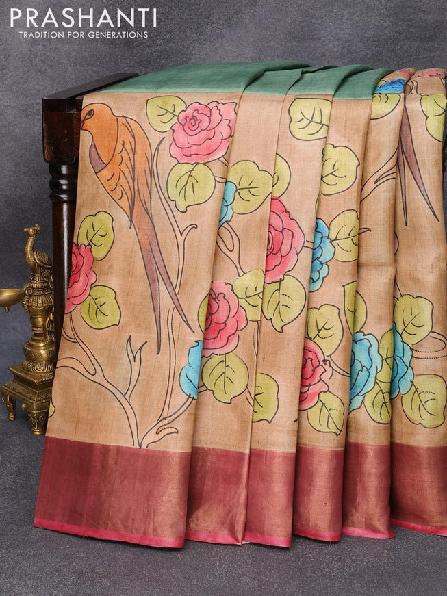 Pure tussar silk saree brown shade and magenta pink with hand painted floral prints and zari woven border - {{ collection.title }} by Prashanti Sarees