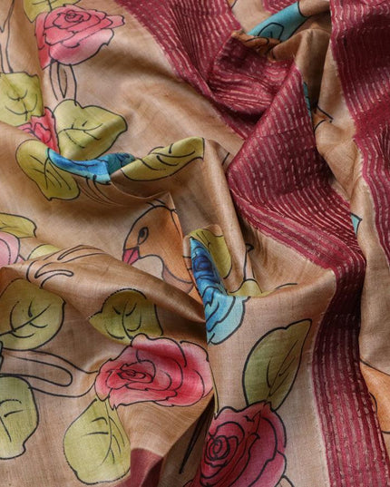 Pure tussar silk saree brown shade and magenta pink with hand painted floral prints and zari woven border - {{ collection.title }} by Prashanti Sarees