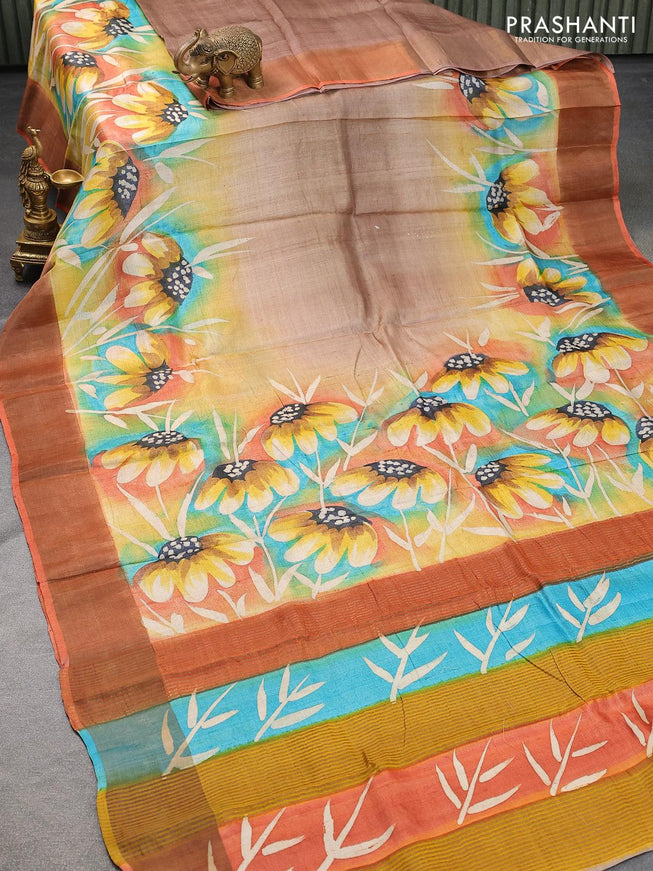 Pure tussar silk saree brown shade and orange with hand painted floral prints and zari woven border - {{ collection.title }} by Prashanti Sarees