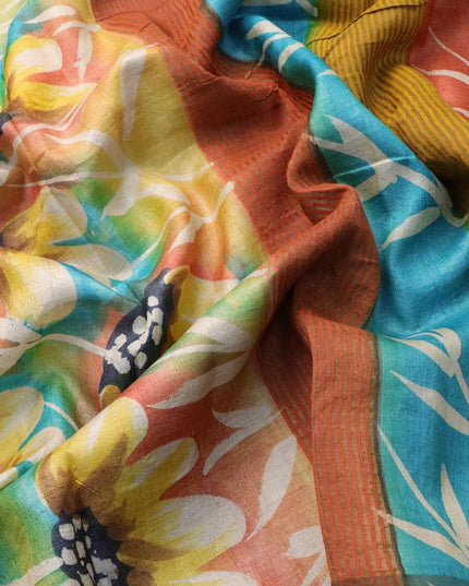 Pure tussar silk saree brown shade and orange with hand painted floral prints and zari woven border - {{ collection.title }} by Prashanti Sarees