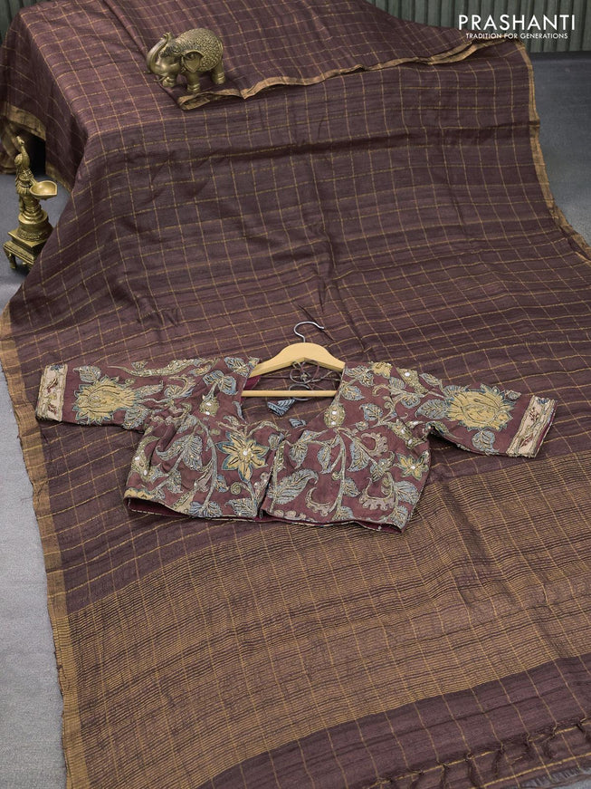 Pure tussar silk saree brown with allover zari checked pattern & zari woven border and pen kalamkari embroidery work readymade blouse - {{ collection.title }} by Prashanti Sarees