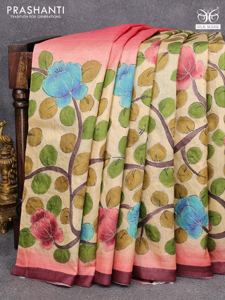 Pure tussar silk saree cream and brown with allover kalamkari prints & embroidery work and simple border
