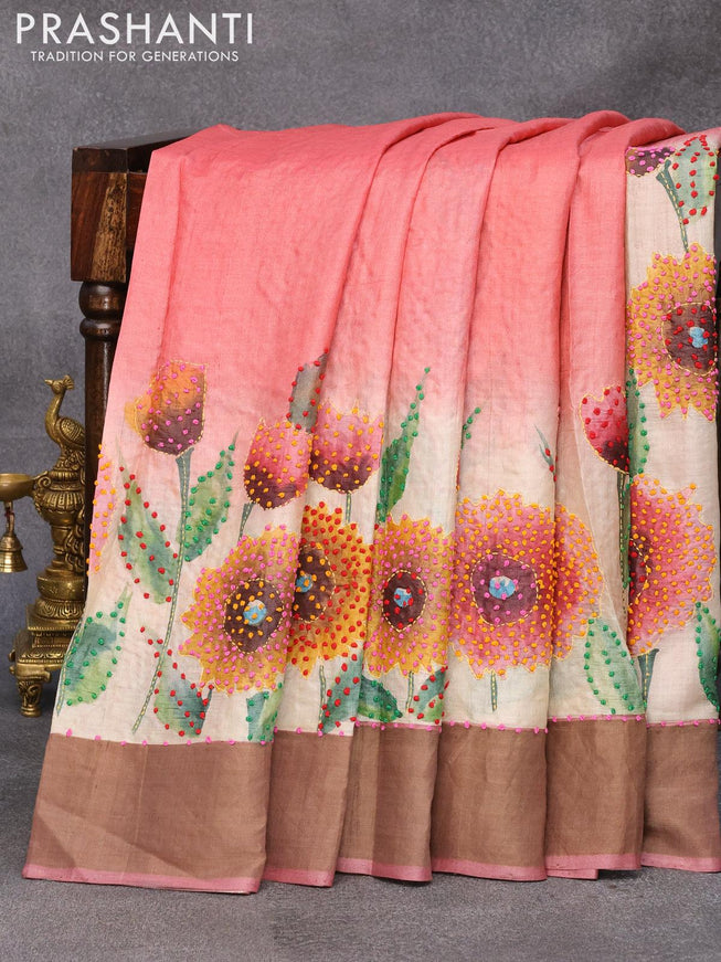 Pure tussar silk saree cream and peach pink with floral prints & french knot work and zari woven border - {{ collection.title }} by Prashanti Sarees