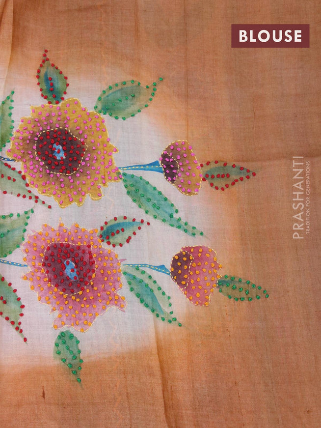 Pure tussar silk saree cream and peach pink with floral prints & french knot work and zari woven border - {{ collection.title }} by Prashanti Sarees