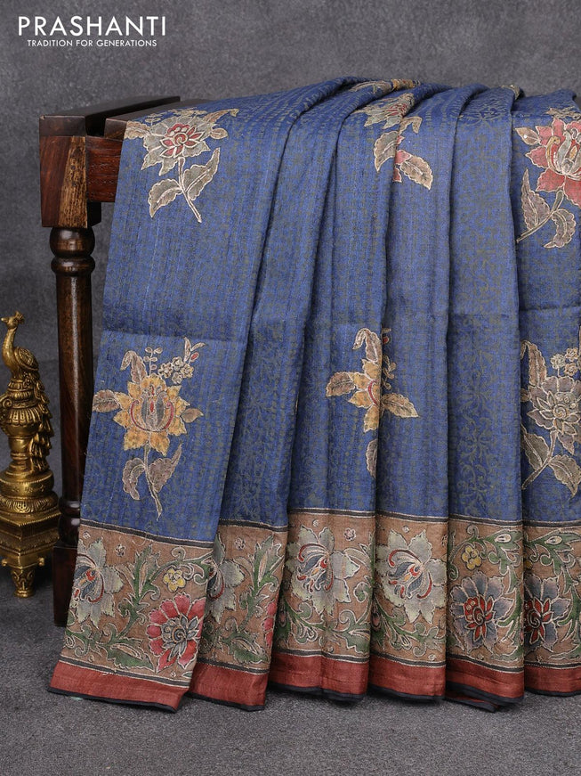 Pure tussar silk saree dark blue and brown shade with floral prints & embroidery buttas and embroidery work border - {{ collection.title }} by Prashanti Sarees