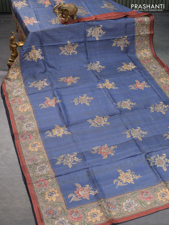 Pure tussar silk saree dark blue and brown shade with floral prints & embroidery buttas and embroidery work border - {{ collection.title }} by Prashanti Sarees