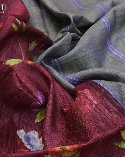 Pure tussar silk saree dark magenta and dark blue with allover floral prints and temple design zari woven border - {{ collection.title }} by Prashanti Sarees