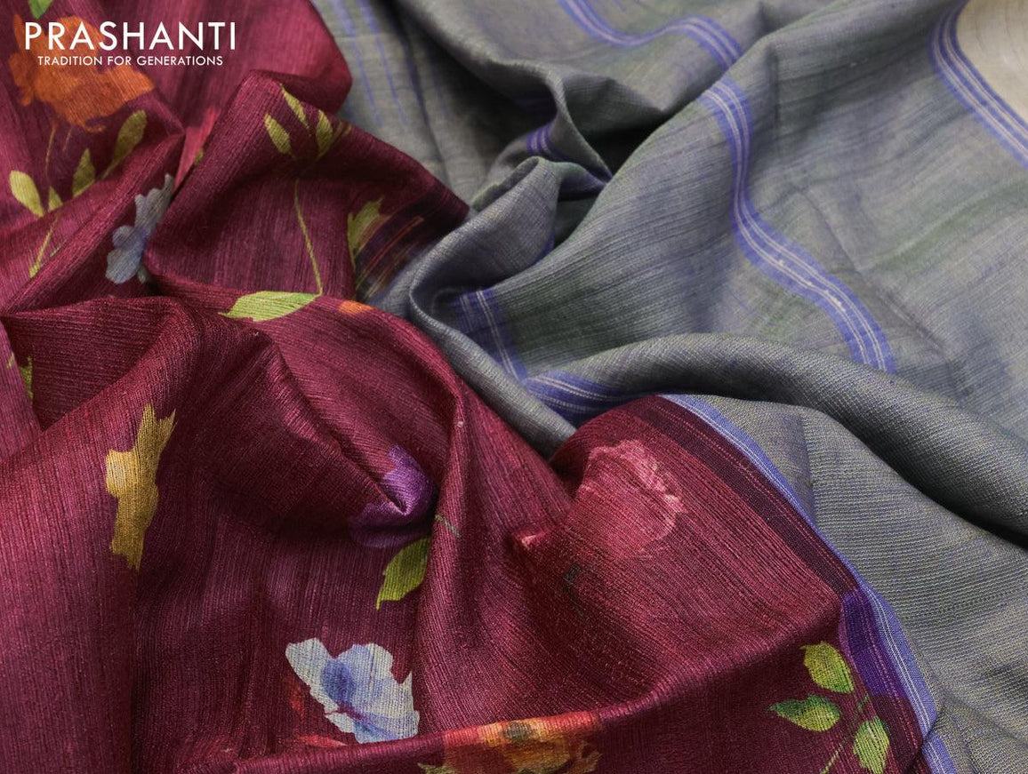 Pure tussar silk saree dark magenta and dark blue with allover floral prints and temple design zari woven border - {{ collection.title }} by Prashanti Sarees