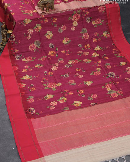 Pure tussar silk saree dark pink and red with allover floral prints and temple design zari woven border - {{ collection.title }} by Prashanti Sarees