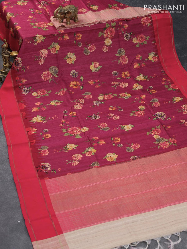 Pure tussar silk saree dark pink and red with allover floral prints and temple design zari woven border - {{ collection.title }} by Prashanti Sarees