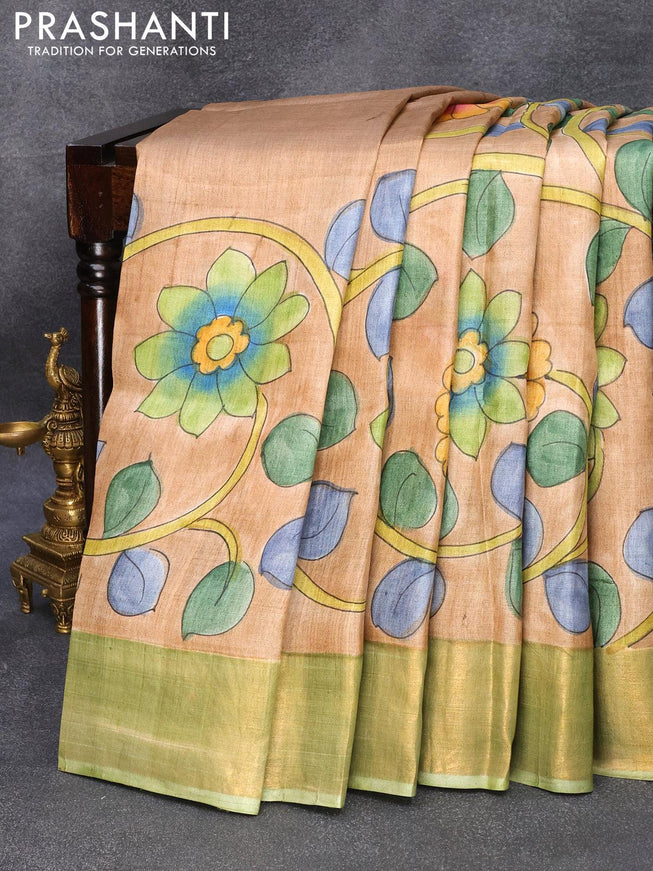 Pure tussar silk saree dark sandal and light green with hand painted kalamkari prints and zari woven border - {{ collection.title }} by Prashanti Sarees