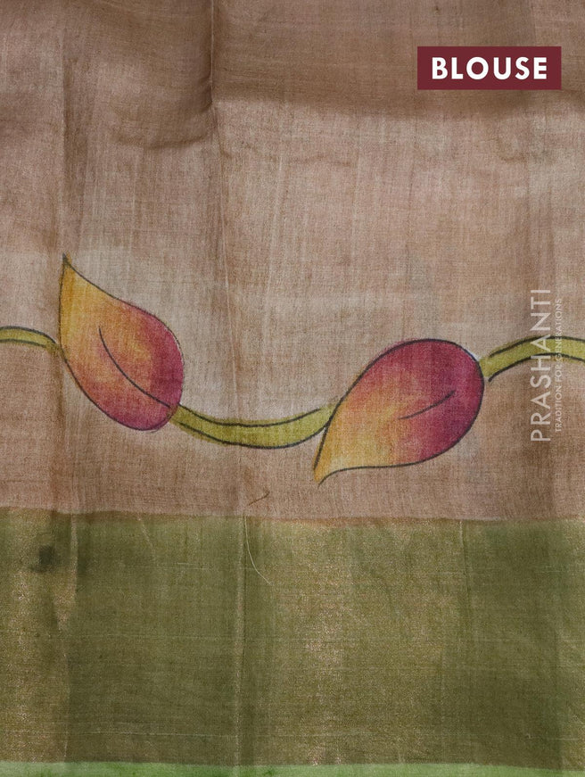 Pure tussar silk saree dark sandal and light green with hand painted kalamkari prints and zari woven border - {{ collection.title }} by Prashanti Sarees