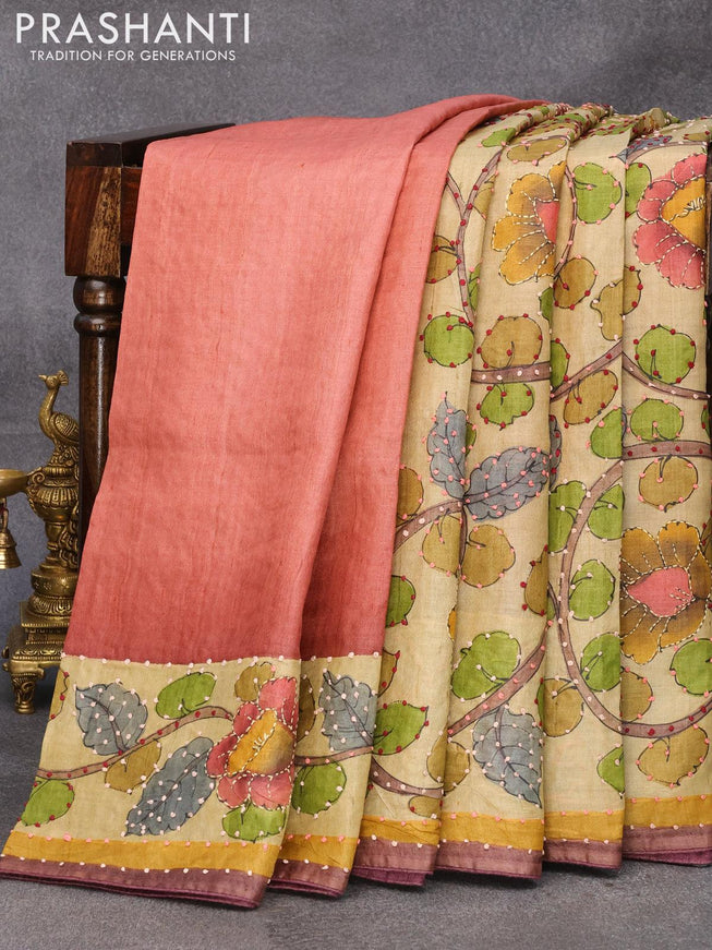 Pure tussar silk saree elaichi green and mustard yellow with kalamkari prints & french knot work and simple border - {{ collection.title }} by Prashanti Sarees