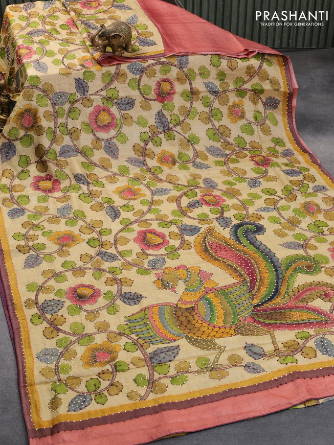 Pure tussar silk saree elaichi green and mustard yellow with kalamkari prints & french knot work and simple border - {{ collection.title }} by Prashanti Sarees