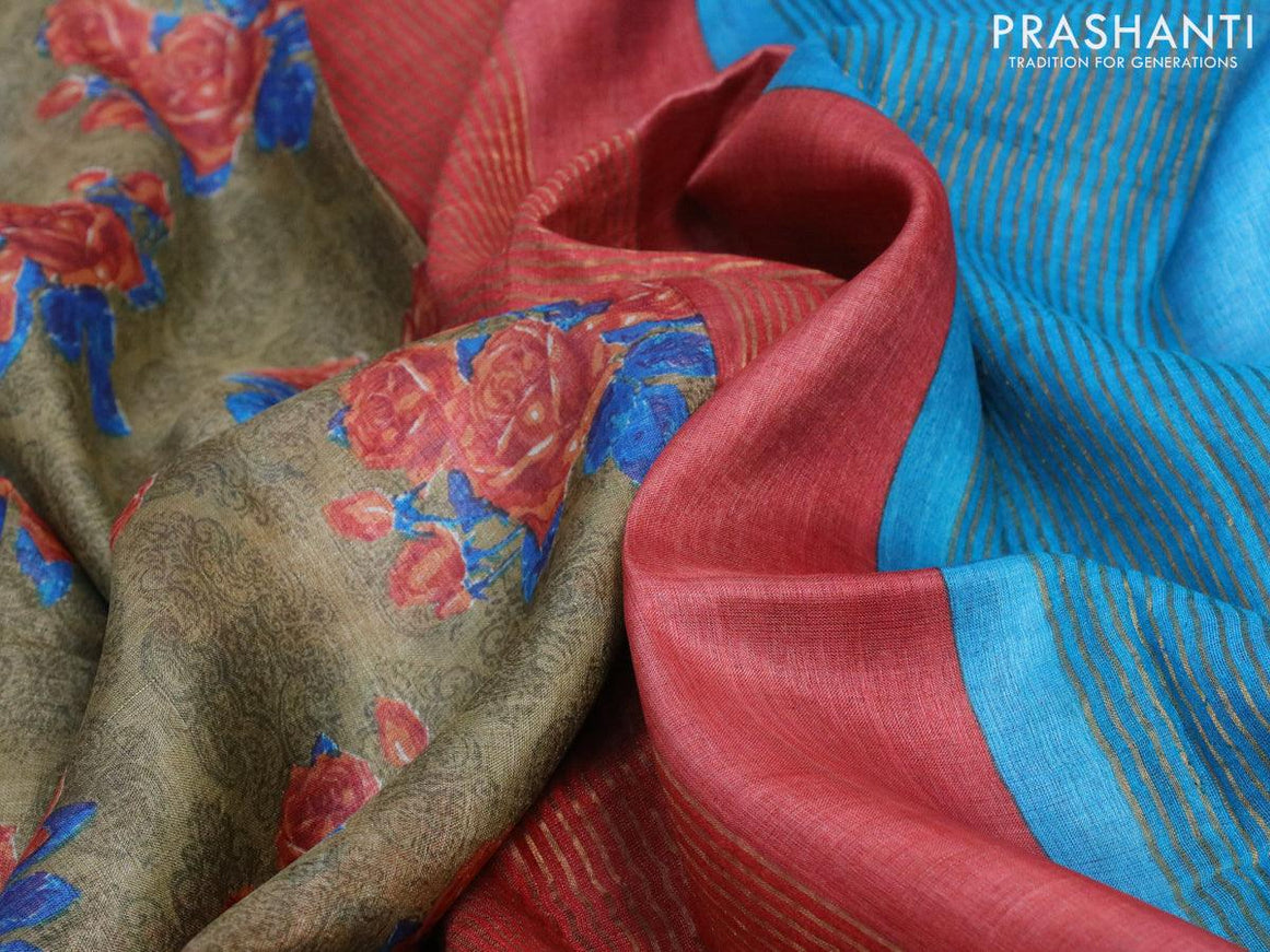 Pure tussar silk saree elaichi green and red with floral prints and zari woven border - {{ collection.title }} by Prashanti Sarees