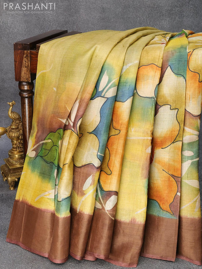 Pure tussar silk saree elaichi green shade and brown with hand painted floral prints and zari woven border - {{ collection.title }} by Prashanti Sarees