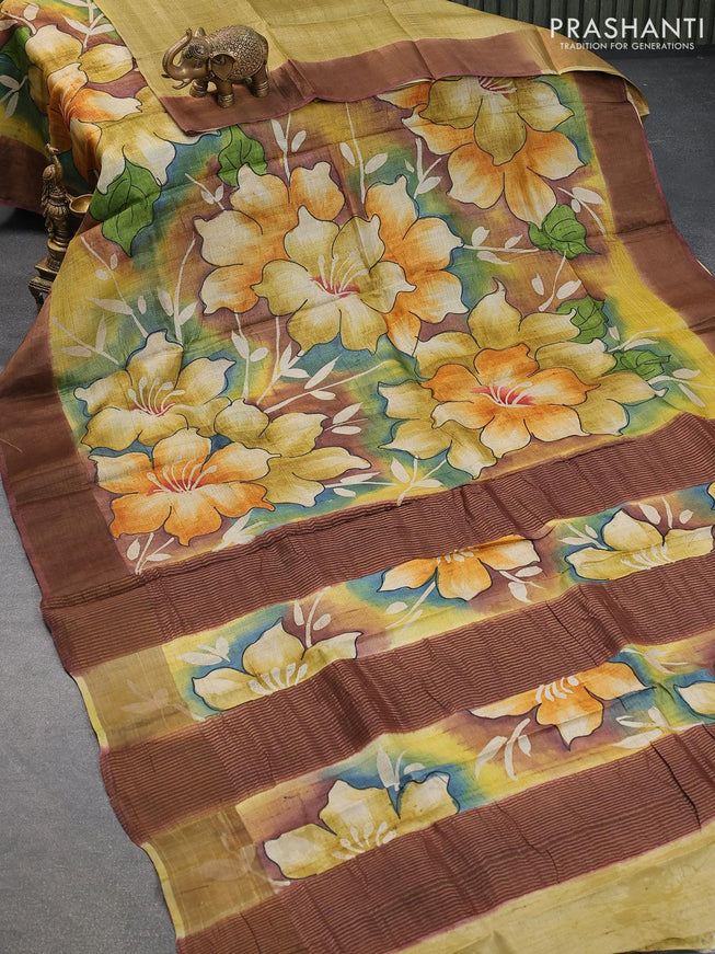 Pure tussar silk saree elaichi green shade and brown with hand painted floral prints and zari woven border - {{ collection.title }} by Prashanti Sarees