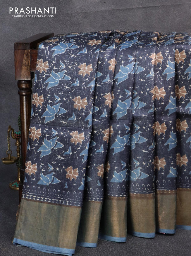 Pure tussar silk saree elephant grey and blue shade with floral prints and zari woven border - {{ collection.title }} by Prashanti Sarees