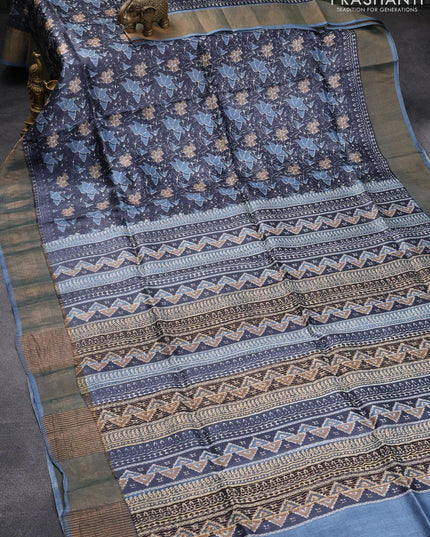 Pure tussar silk saree elephant grey and blue shade with floral prints and zari woven border - {{ collection.title }} by Prashanti Sarees