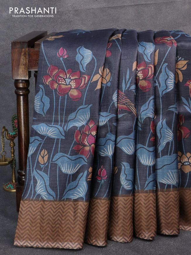 Pure tussar silk saree elephant grey and brown with pichwai prints and zari woven border - {{ collection.title }} by Prashanti Sarees