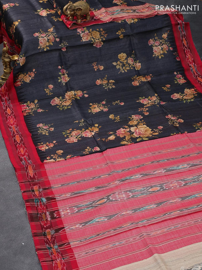 Pure tussar silk saree elephant grey and red with allover floral prints and temple design vidarbha border - {{ collection.title }} by Prashanti Sarees