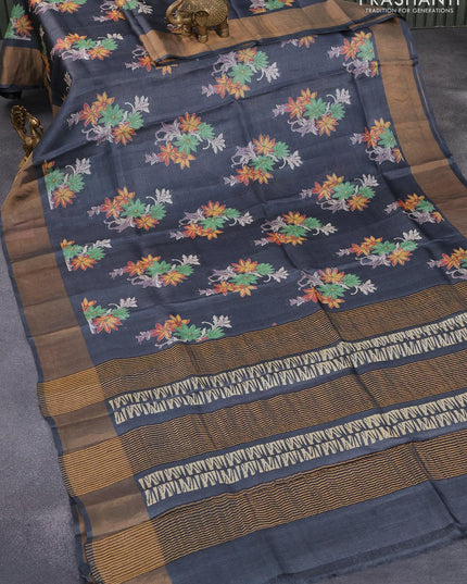 Pure tussar silk saree elephant grey with floral prints and zari woven border - {{ collection.title }} by Prashanti Sarees