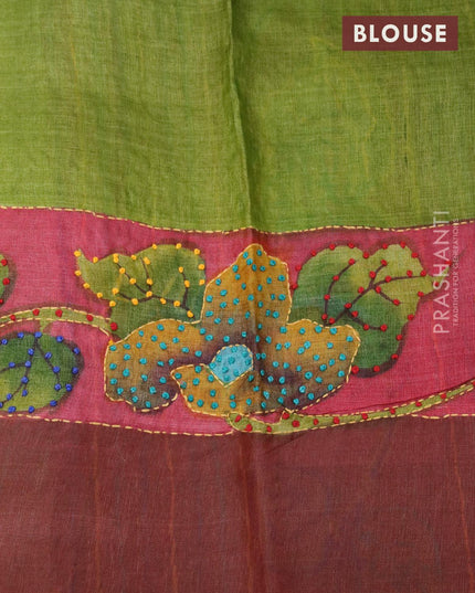Pure tussar silk saree green and brown with allover kalamkari prints & french knot work and zari woven border - {{ collection.title }} by Prashanti Sarees