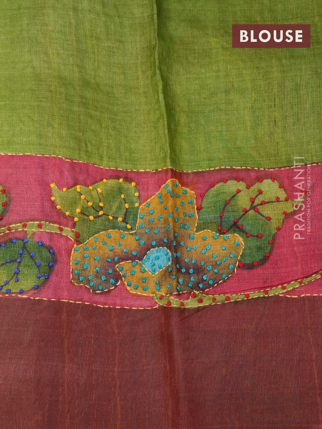 Pure tussar silk saree green and brown with allover kalamkari prints & french knot work and zari woven border - {{ collection.title }} by Prashanti Sarees