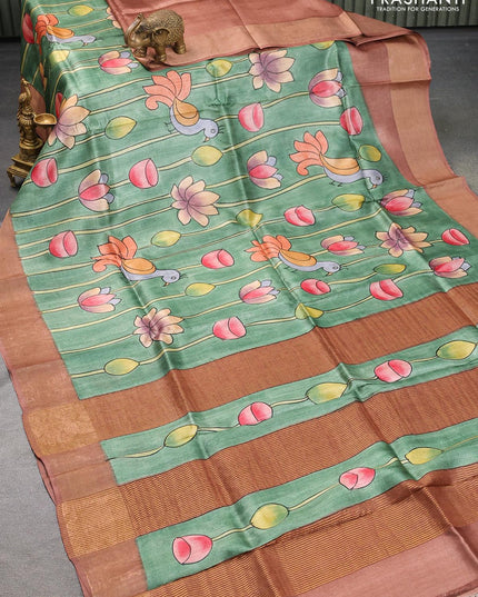 Pure tussar silk saree green and brown with hand painted pichwai prints and zari woven border - {{ collection.title }} by Prashanti Sarees