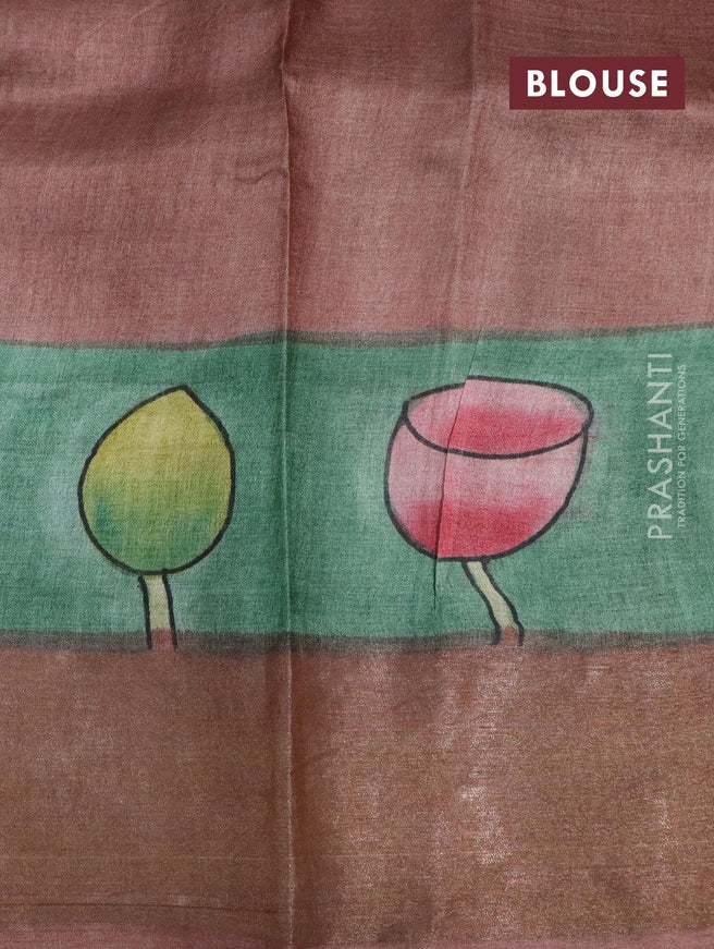 Pure tussar silk saree green and brown with hand painted pichwai prints and zari woven border - {{ collection.title }} by Prashanti Sarees