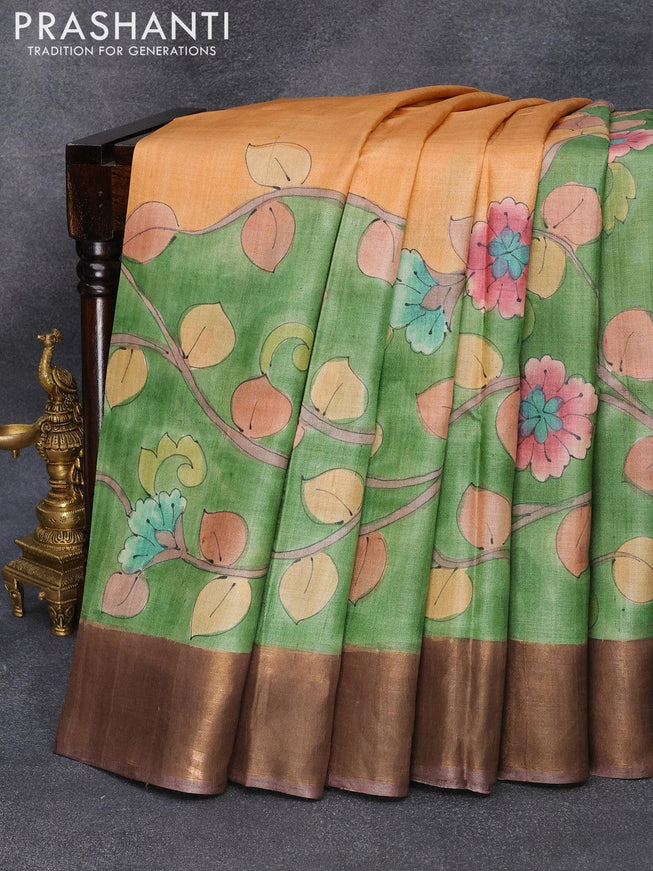 Pure tussar silk saree green and deep coffee brown with hand painted kalamkari prints and zari woven border - {{ collection.title }} by Prashanti Sarees