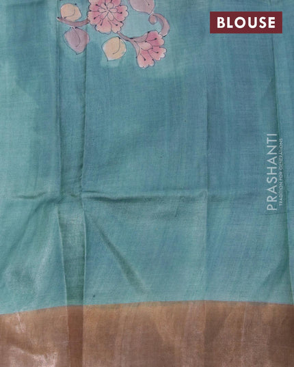 Pure tussar silk saree green and deep coffee brown with hand painted kalamkari prints and zari woven border - {{ collection.title }} by Prashanti Sarees