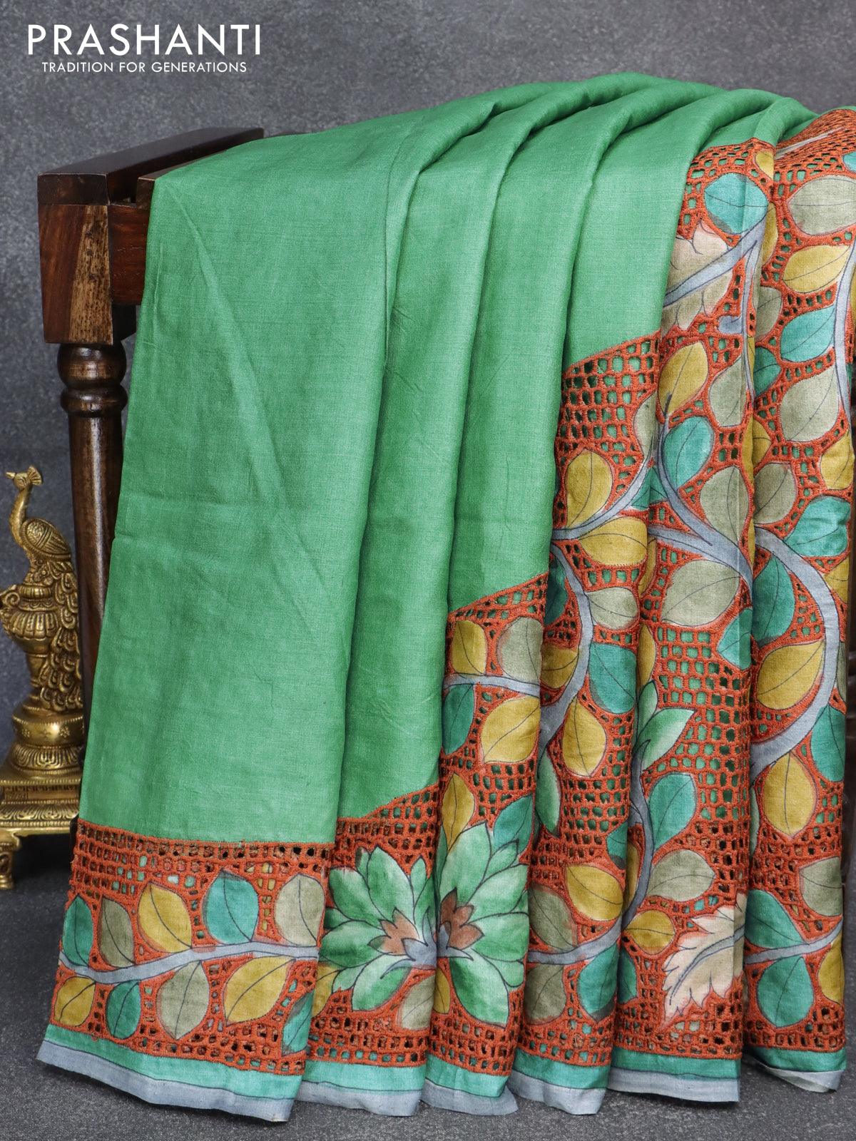 Kalamkari cotton saree teal green and black with allover warli prints – Prashanti  Sarees