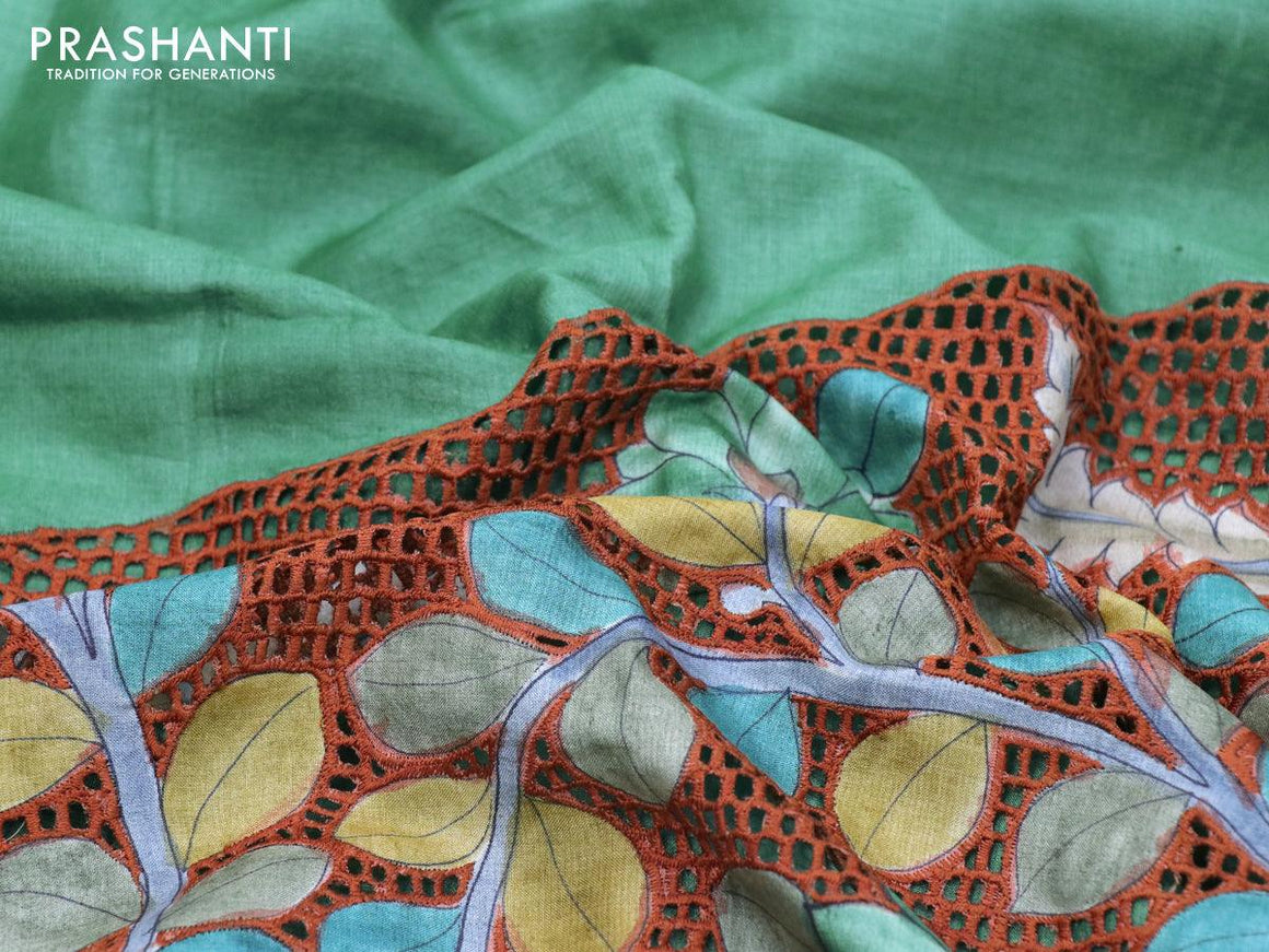 Pure tussar silk saree green and grey with kalamkari prints and cut work - {{ collection.title }} by Prashanti Sarees
