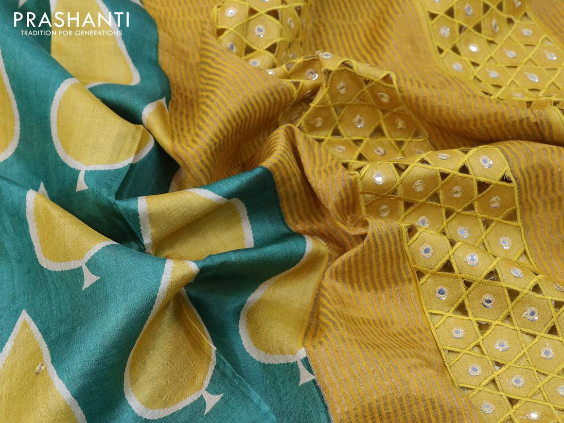 Pure tussar silk saree green and mustard yellow with allover tilak butta prints and cut work pallu - {{ collection.title }} by Prashanti Sarees