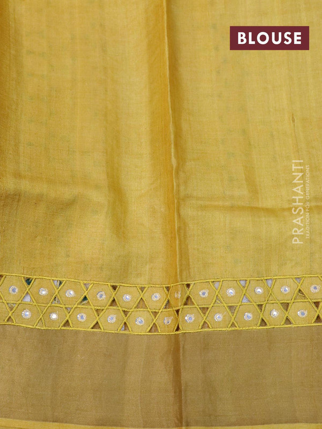 Pure tussar silk saree green and mustard yellow with allover tilak butta prints and cut work pallu - {{ collection.title }} by Prashanti Sarees